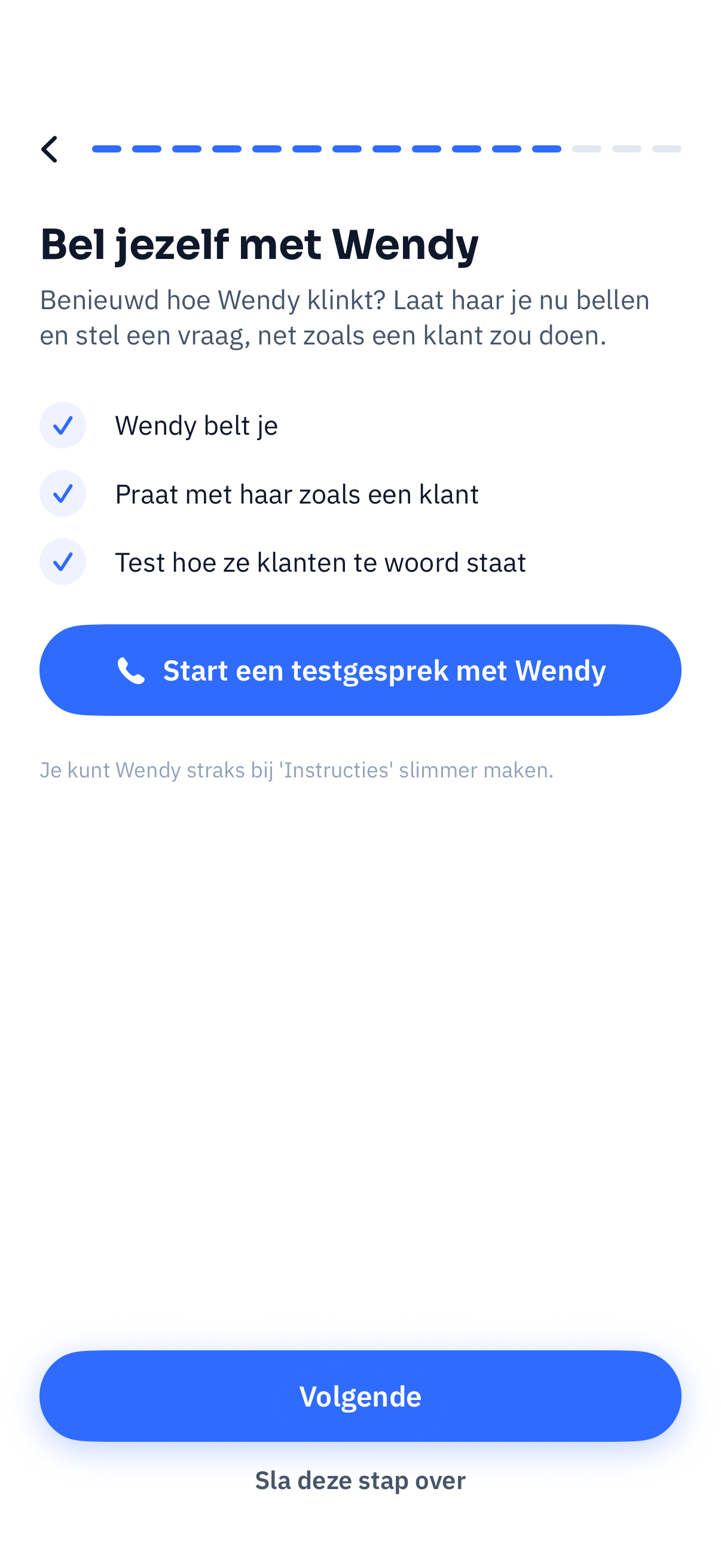 Scherm waarin je een testgesprek met Wendy start